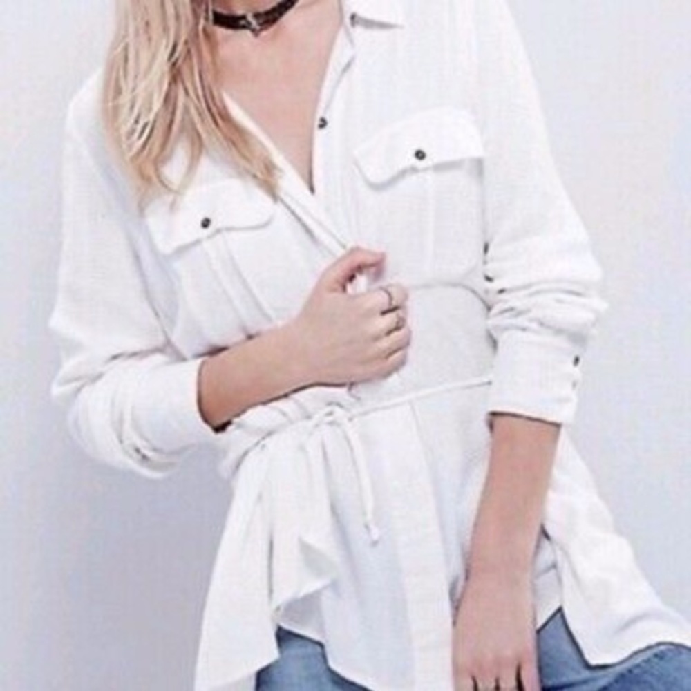 Free People White Waffle Knit Button Down Top XS